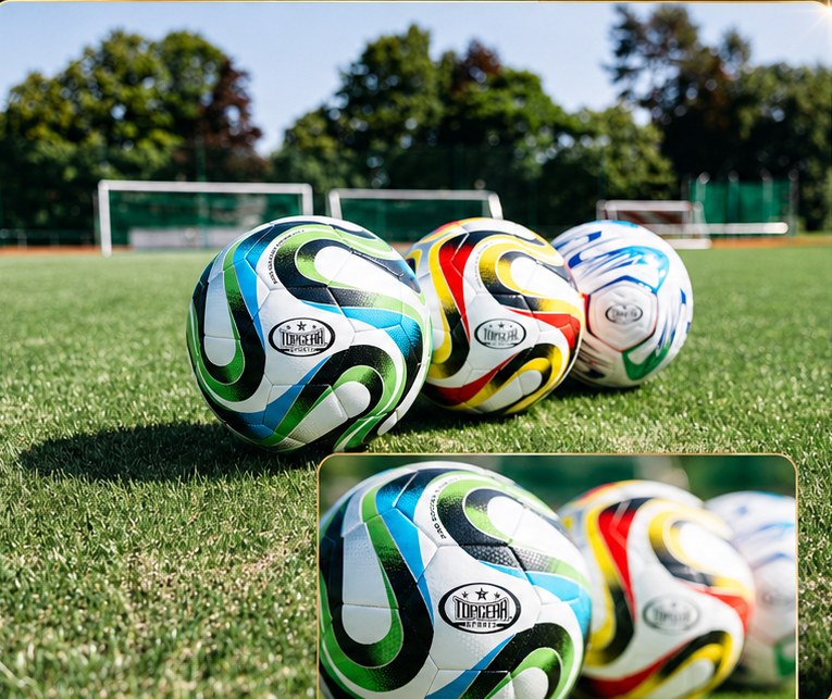 Topgear Fußbälle auf dem Rasen vor Fußballtoren
